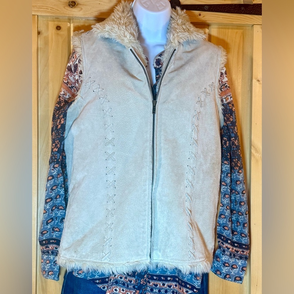 Vtg Penny Lane Ruff Hewn Fur Trimmed Suede-Leather  Shearling CoatVest Jacket  S - Picture 2 of 13